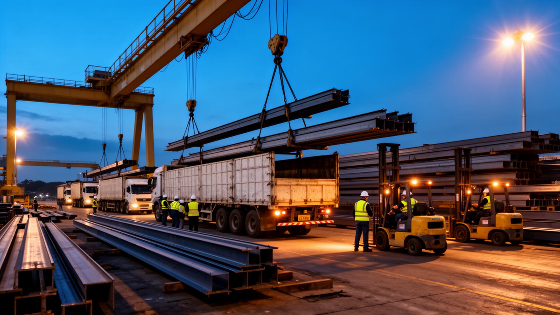 Loading structural steel beams onto trucks at dawn with overhead crane
