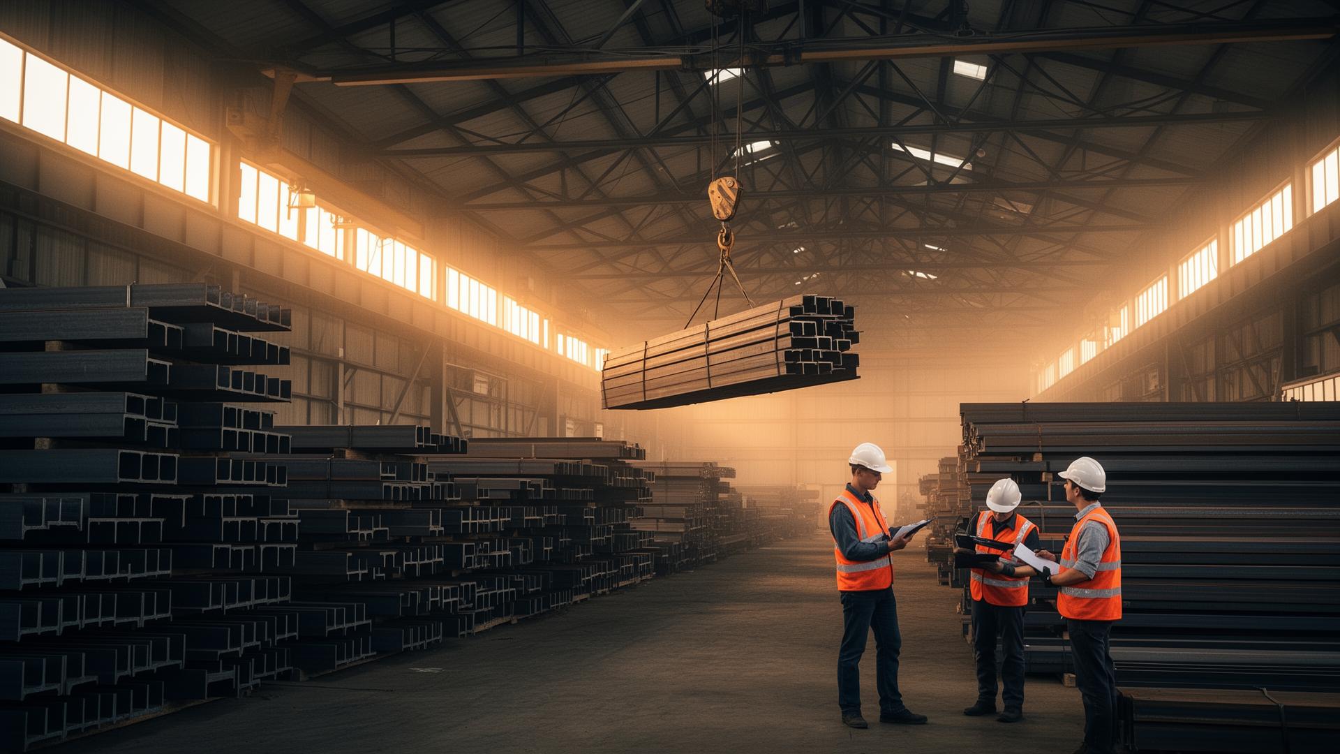 Industrial structural steel stockyard with overhead gantry crane at golden hour