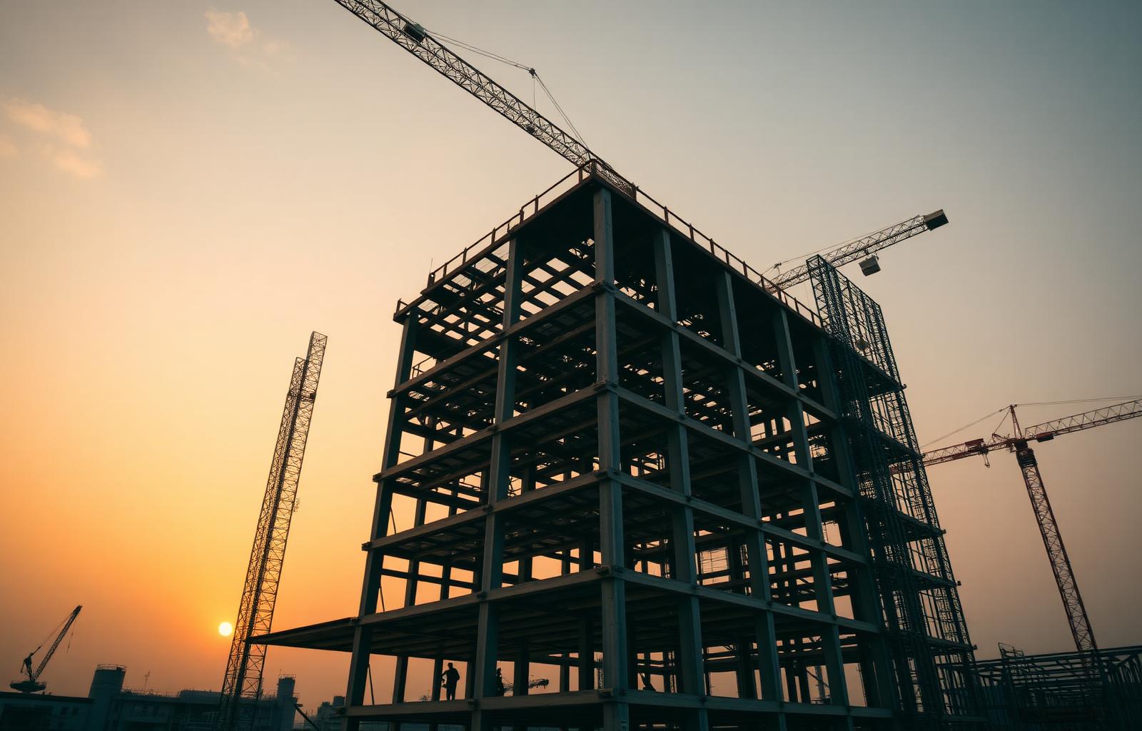 Structural steel building frame at sunset on an Indian construction site