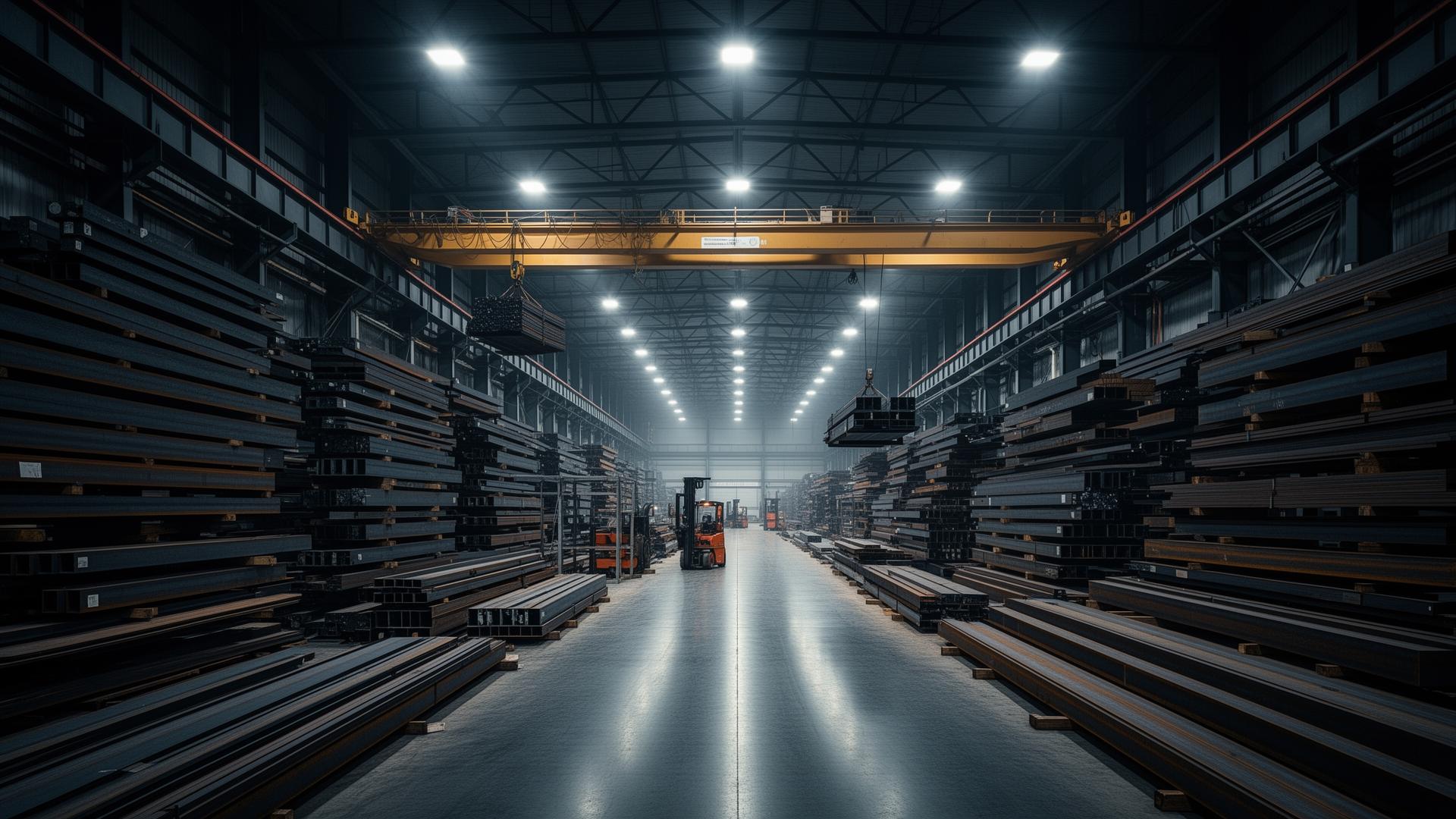 Interior of a structural steel warehouse with overhead bridge crane